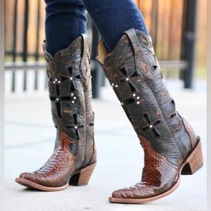 Women’s Corral Leather Musgo Python Cowboy Boots w/ Rhinestone Crosses Size 10 M